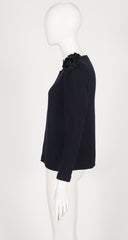 1990s Flower Shoulder Black Knit Zip-Up Sweater
