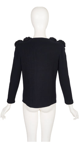 1990s Flower Shoulder Black Knit Zip-Up Sweater