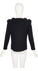 1990s Flower Shoulder Black Knit Zip-Up Sweater