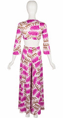 1972 Inuit Art Bird Print Jersey Crop Top & Palazzo Pant Set