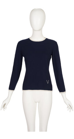 1970s "V" Logo Navy Cashmere Pullover Sweater