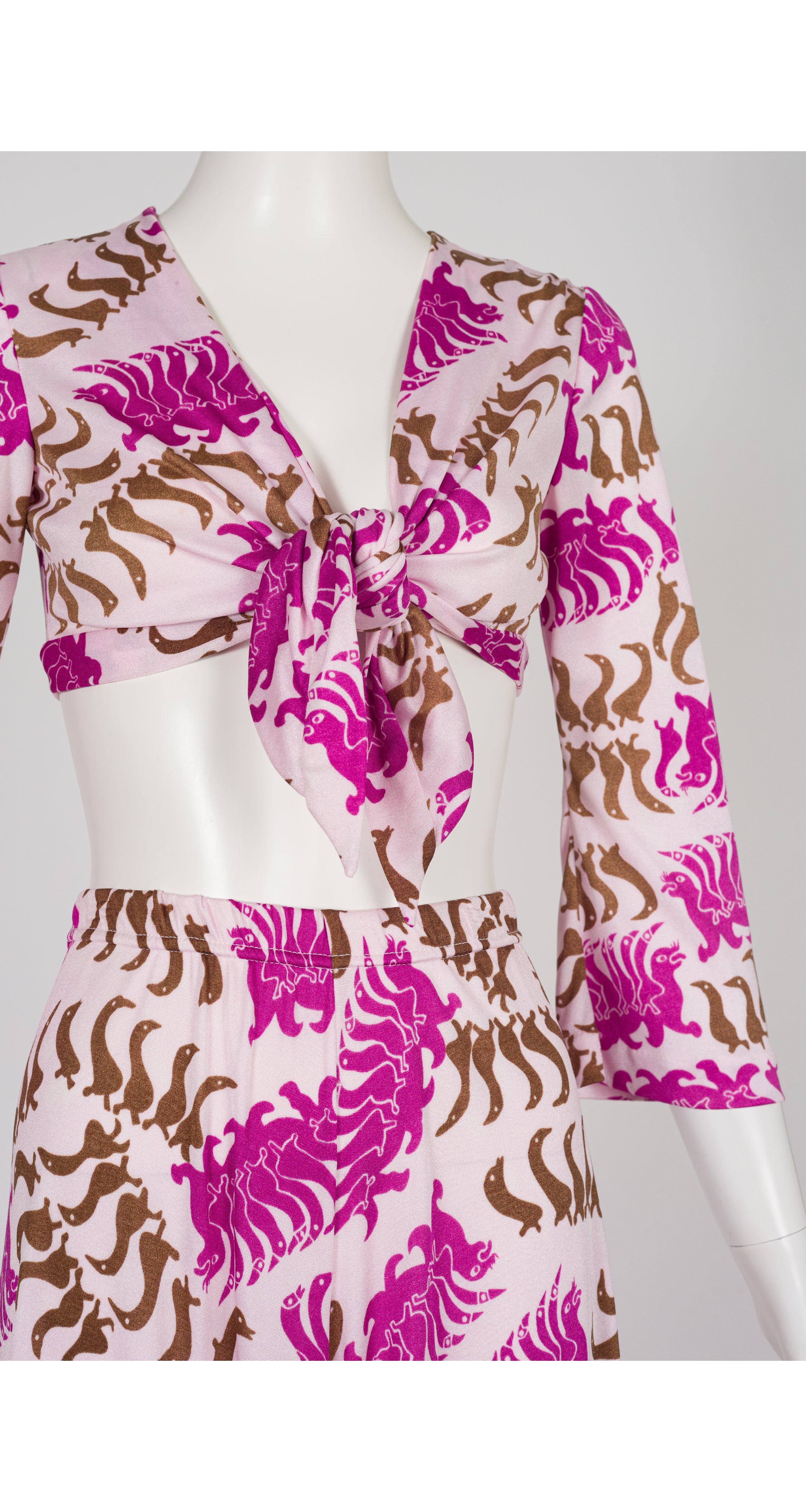 1972 Inuit Art Bird Print Jersey Crop Top & Palazzo Pant Set