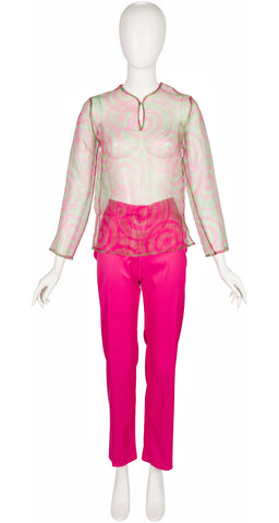 1990s Pink & Green Op Art Organza Top & Pants Set