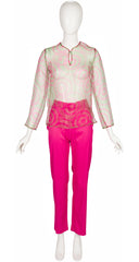 1990s Pink & Green Op Art Organza Top & Pants Set