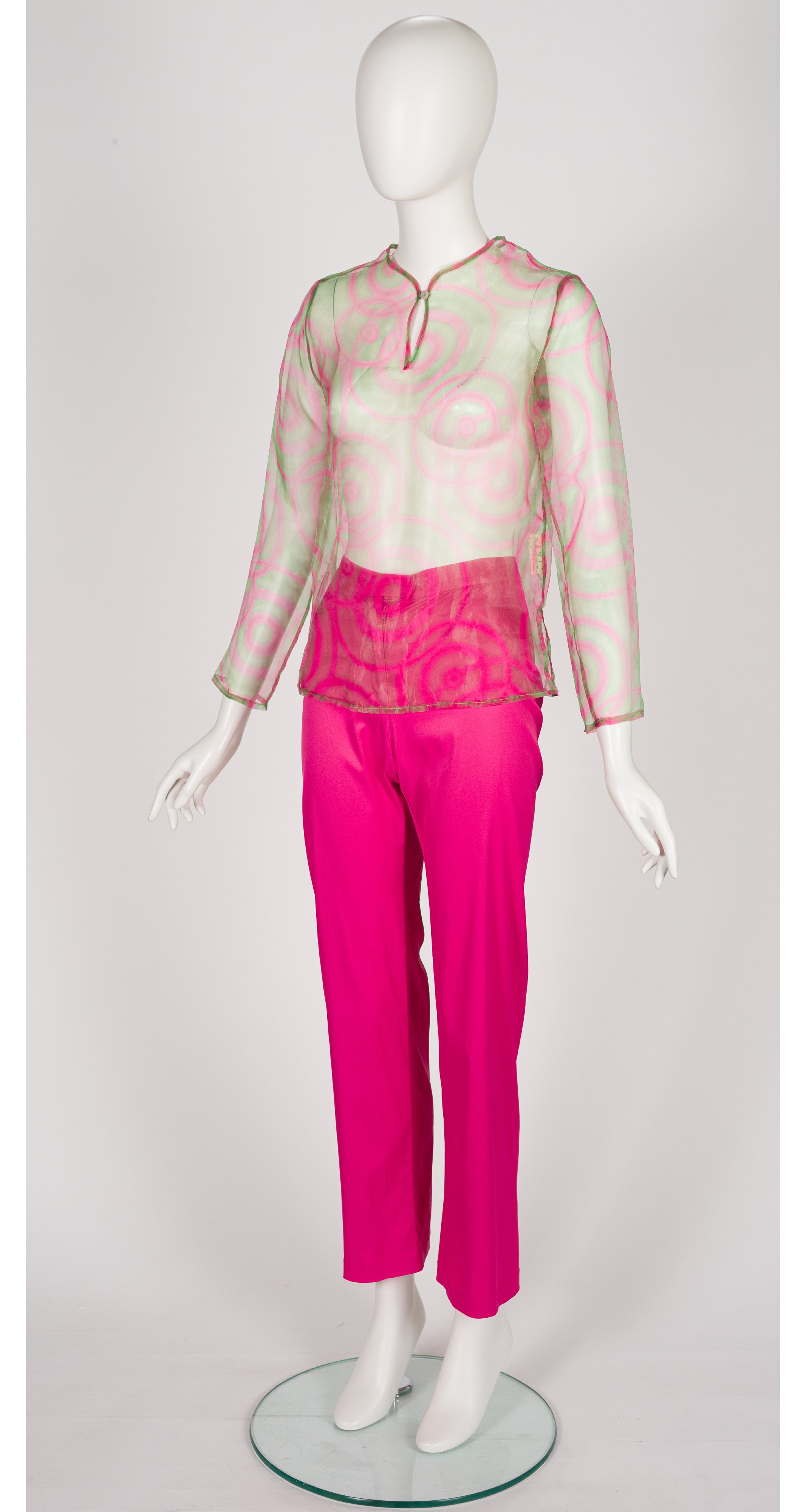 1990s Pink & Green Op Art Organza Top & Pants Set