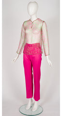 1990s Pink & Green Op Art Organza Top & Pants Set