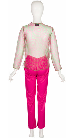 1990s Pink & Green Op Art Organza Top & Pants Set