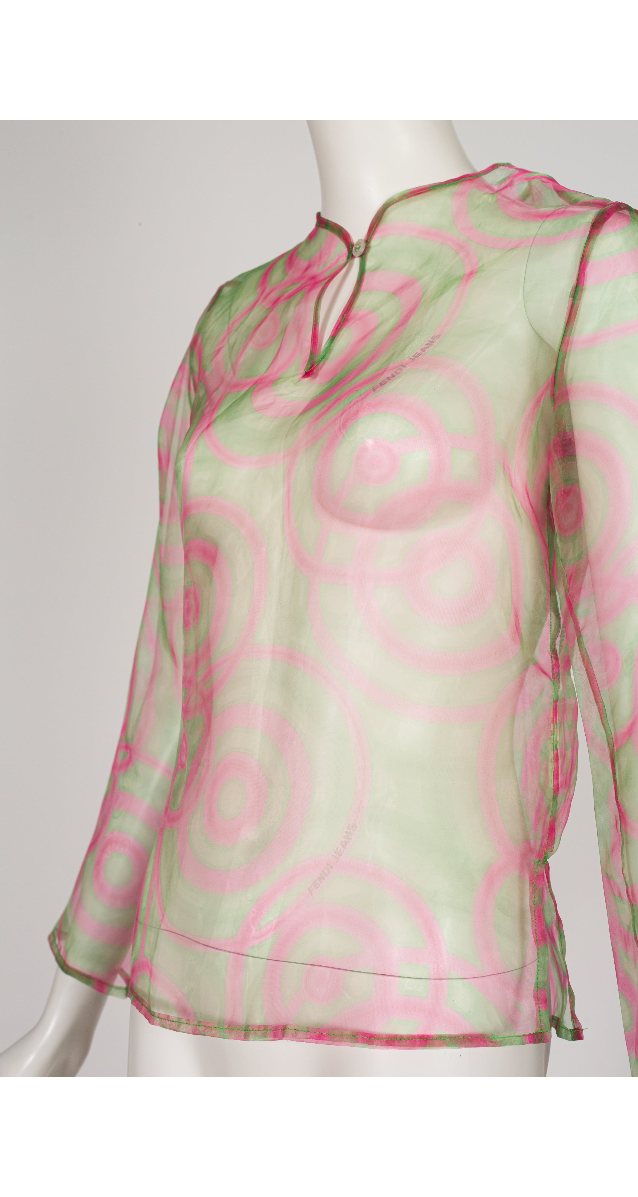 1990s Pink & Green Op Art Organza Top & Pants Set