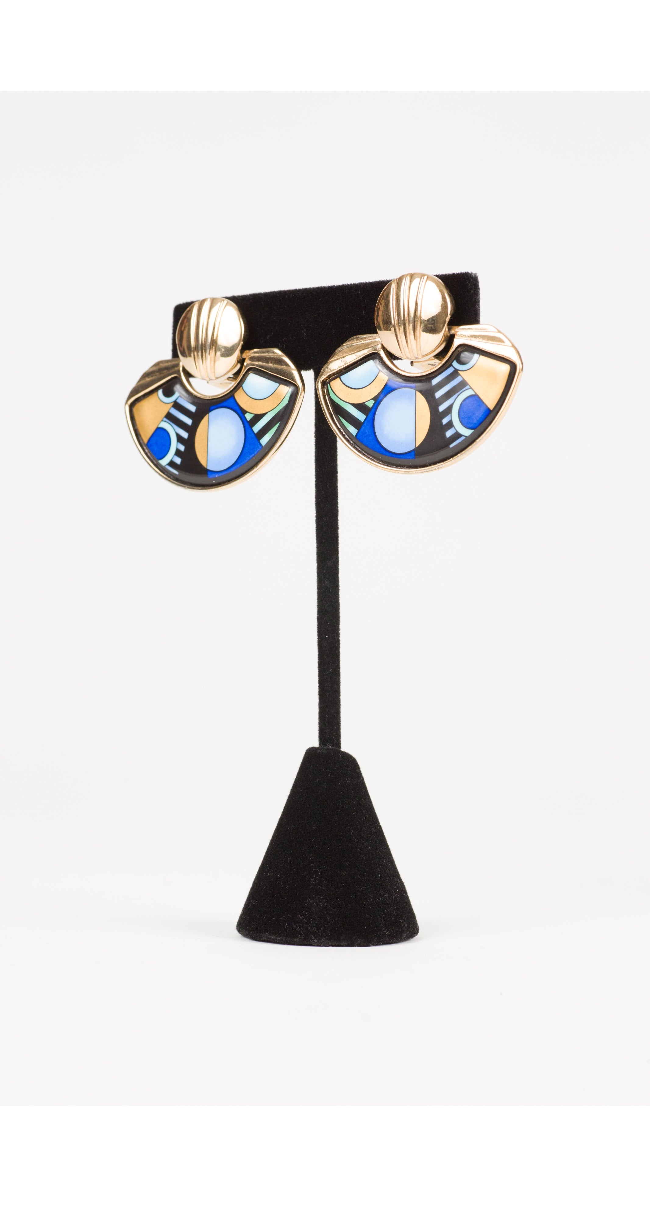1980s Art Deco Revival Enamel Gold Clip-On Earrings