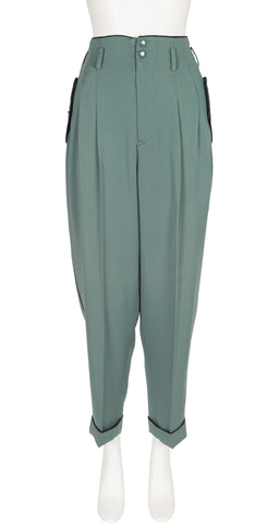 1980s Teal Rayon Tapered High-Waisted Trousers