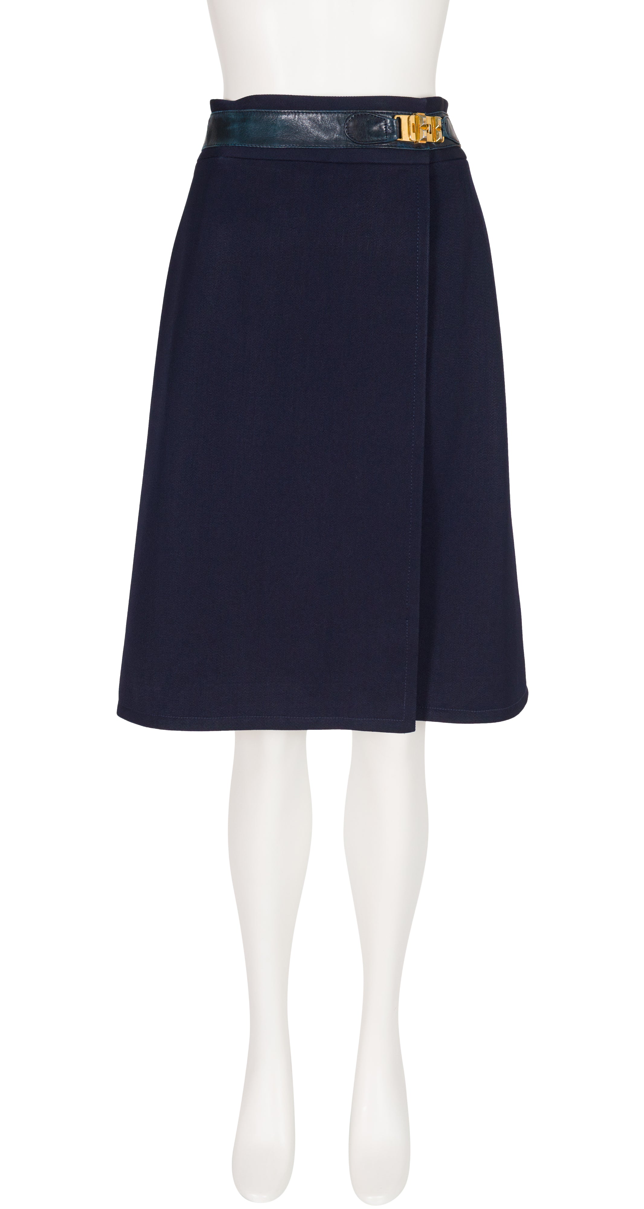 1970s Navy Wool Gabardine Studded Buckle Wrap Skirt