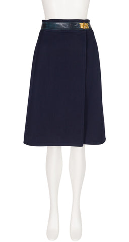 1970s Navy Wool Gabardine Studded Buckle Wrap Skirt