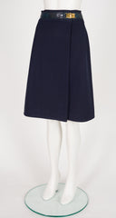 1970s Navy Wool Gabardine Studded Buckle Wrap Skirt