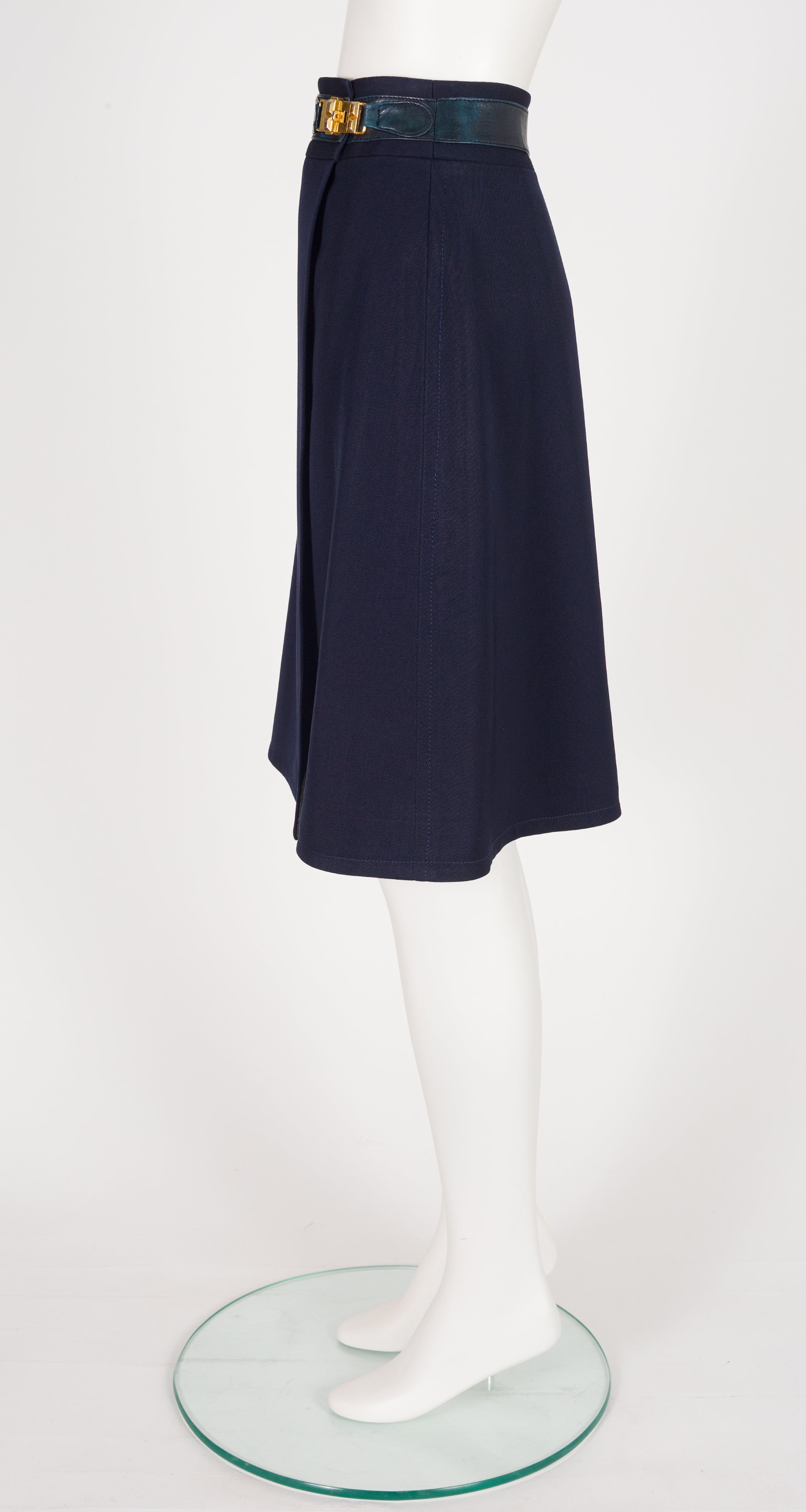 1970s Navy Wool Gabardine Studded Buckle Wrap Skirt