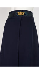 1970s Navy Wool Gabardine Studded Buckle Wrap Skirt