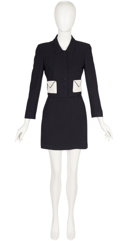 1990s Envelope Pocket Black Crepe Mini Skirt Suit
