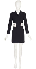 1990s Envelope Pocket Black Crepe Mini Skirt Suit
