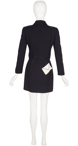 1990s Envelope Pocket Black Crepe Mini Skirt Suit