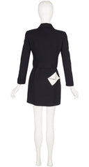 1990s Envelope Pocket Black Crepe Mini Skirt Suit