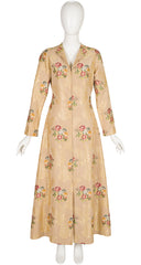 1940s Floral Gold Silk Brocade Floor Length Evening Coat