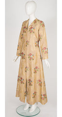 1940s Floral Gold Silk Brocade Floor Length Evening Coat