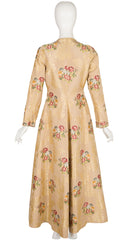 1940s Floral Gold Silk Brocade Floor Length Evening Coat
