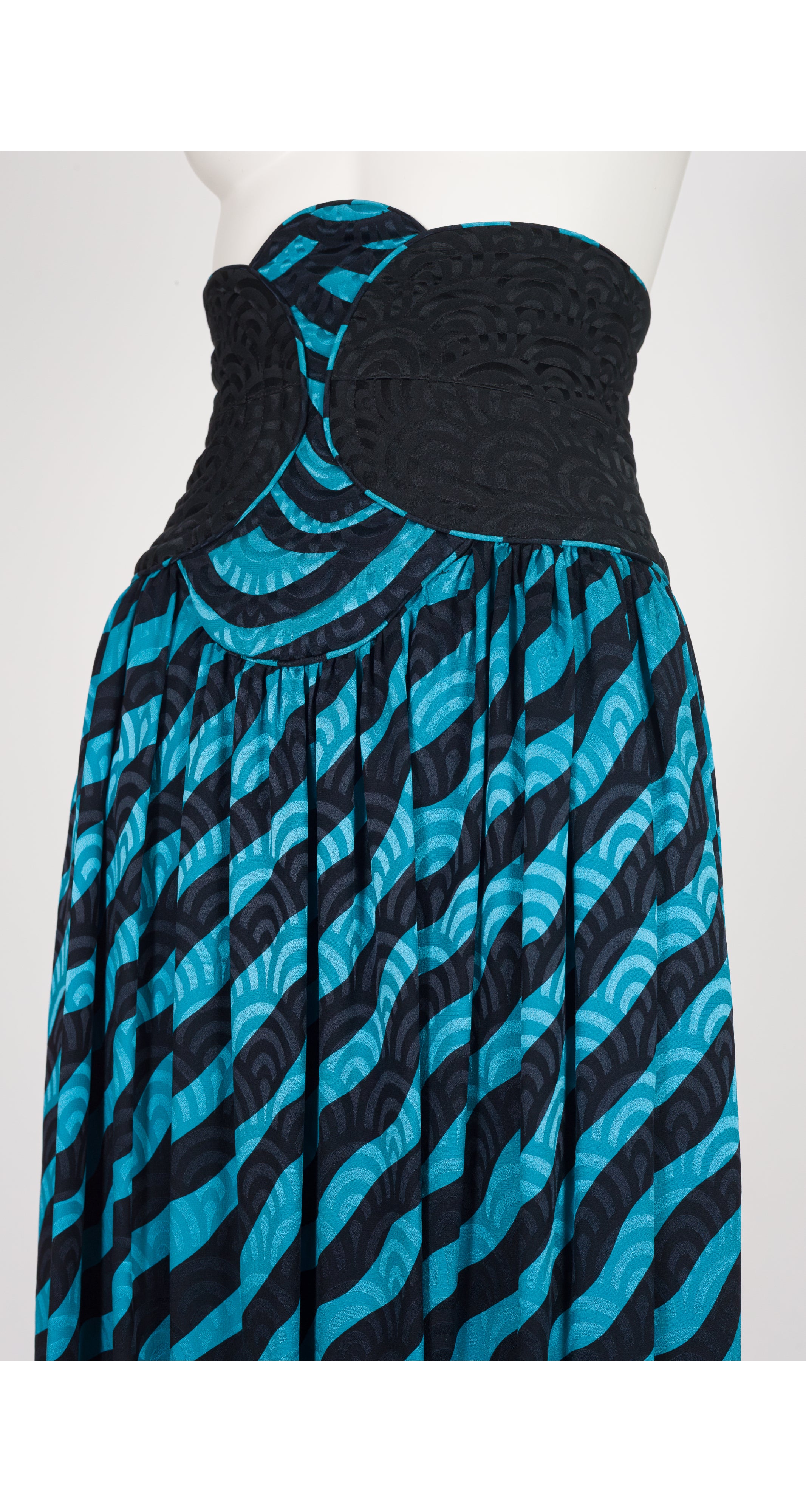 1980s Turquoise & Black Silk Jacquard Cummerbund Skirt