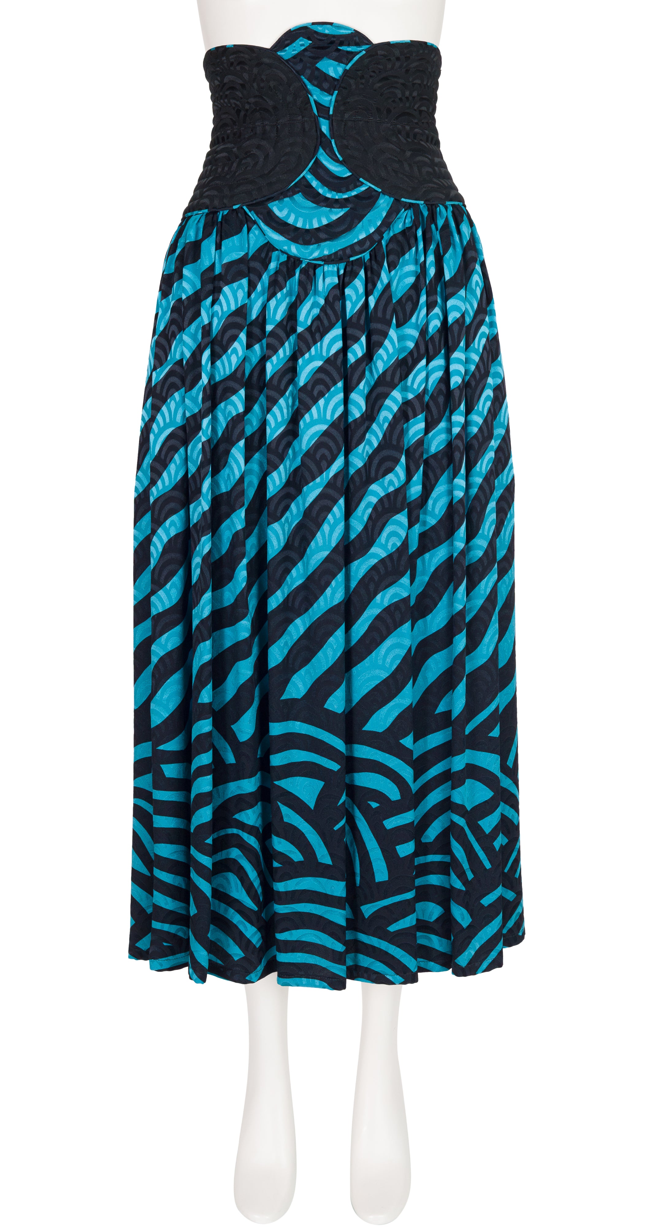 1980s Turquoise & Black Silk Jacquard Cummerbund Skirt