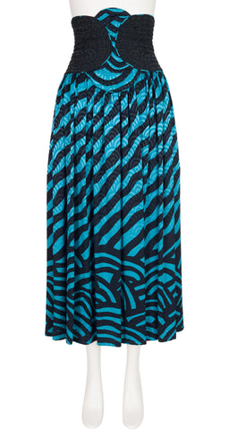 1980s Turquoise & Black Silk Jacquard Cummerbund Skirt