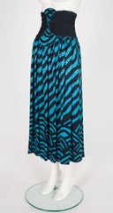 1980s Turquoise & Black Silk Jacquard Cummerbund Skirt