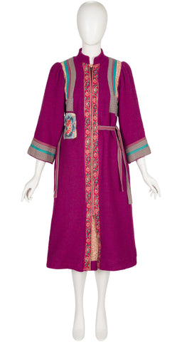 1980s Floral Patchwork Magenta Wool Tie Coat