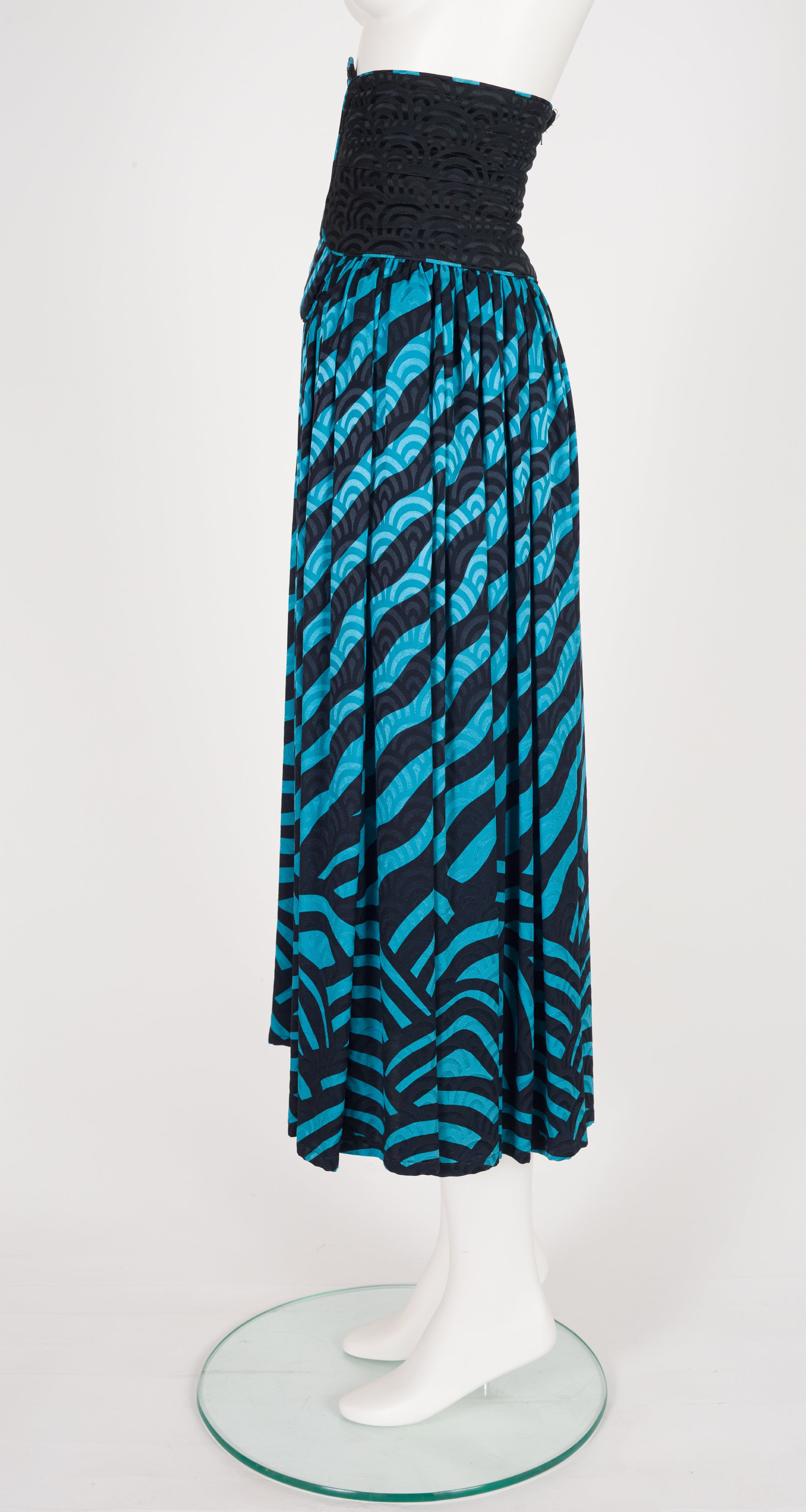 1980s Turquoise & Black Silk Jacquard Cummerbund Skirt
