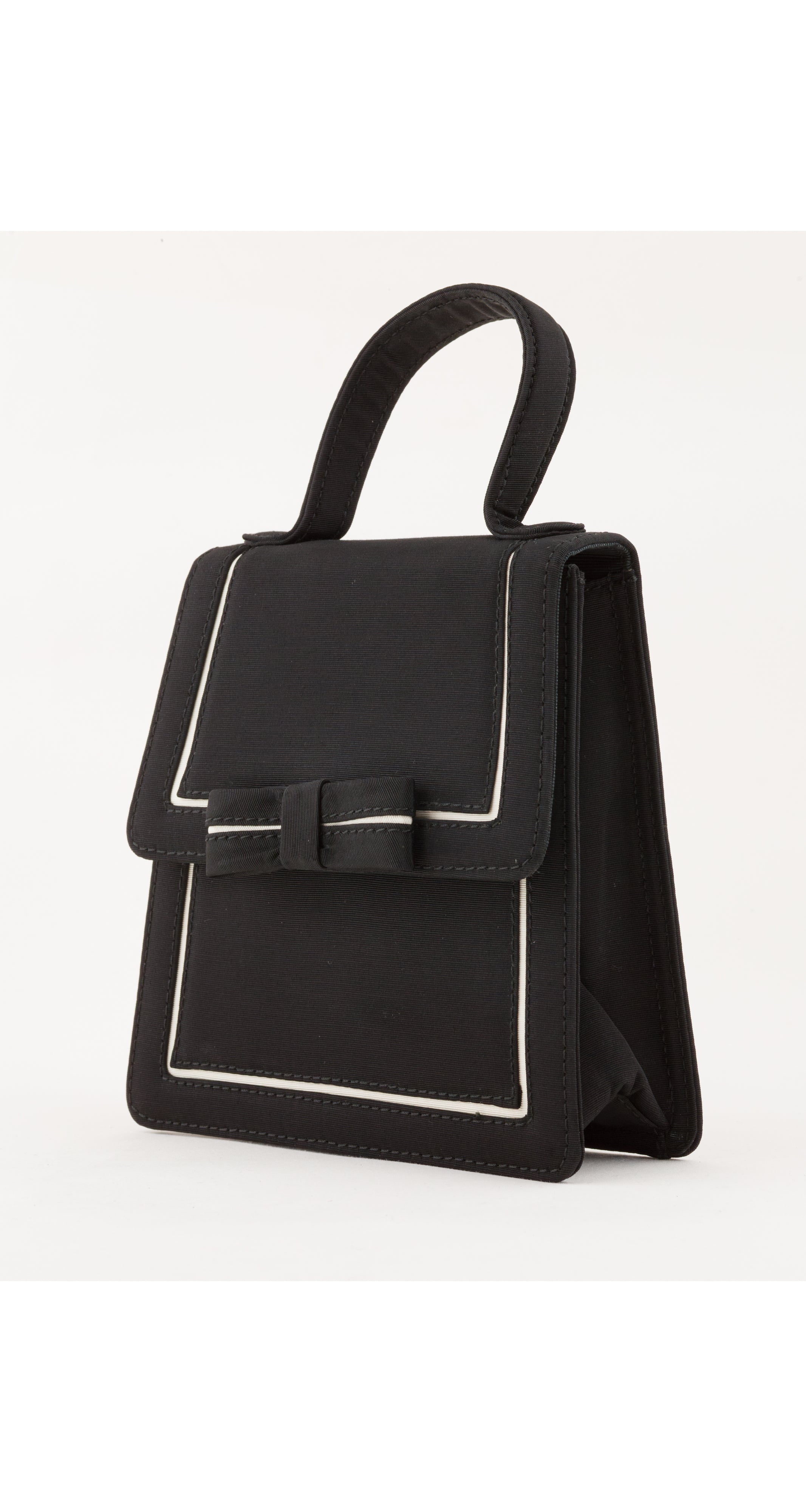 1990s Black Rayon Faille Bow Top Handle Bag