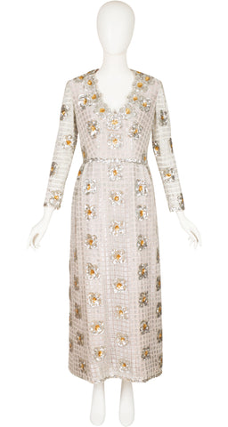 1960s Floral Sequin Silver Lurex Evening Gown