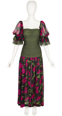 1980s Floral Silk Chiffon Detachable Sleeve Evening Dress
