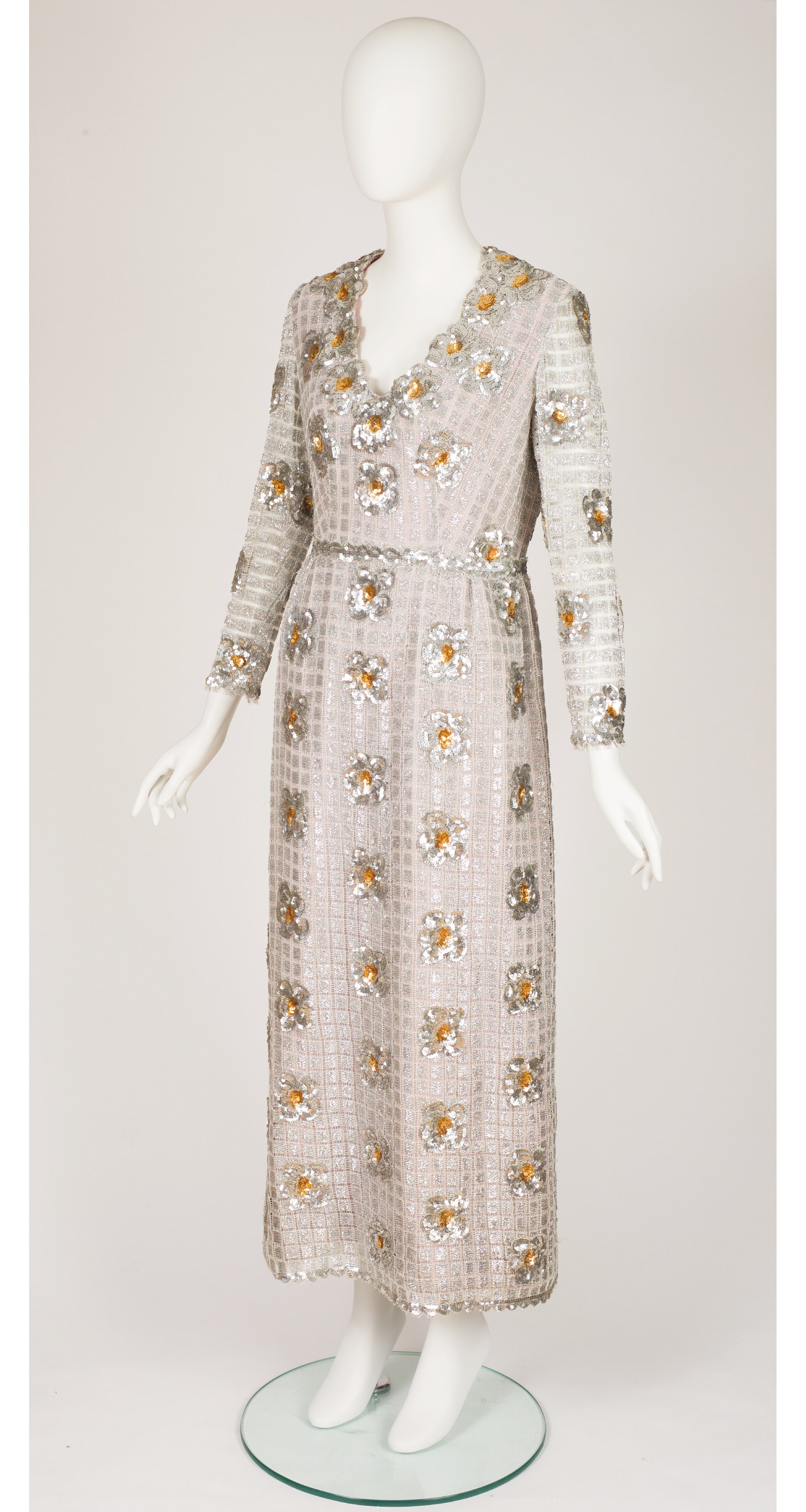 1960s Floral Sequin Silver Lurex Evening Gown