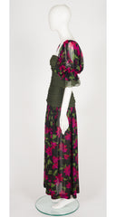 1980s Floral Silk Chiffon Detachable Sleeve Evening Dress