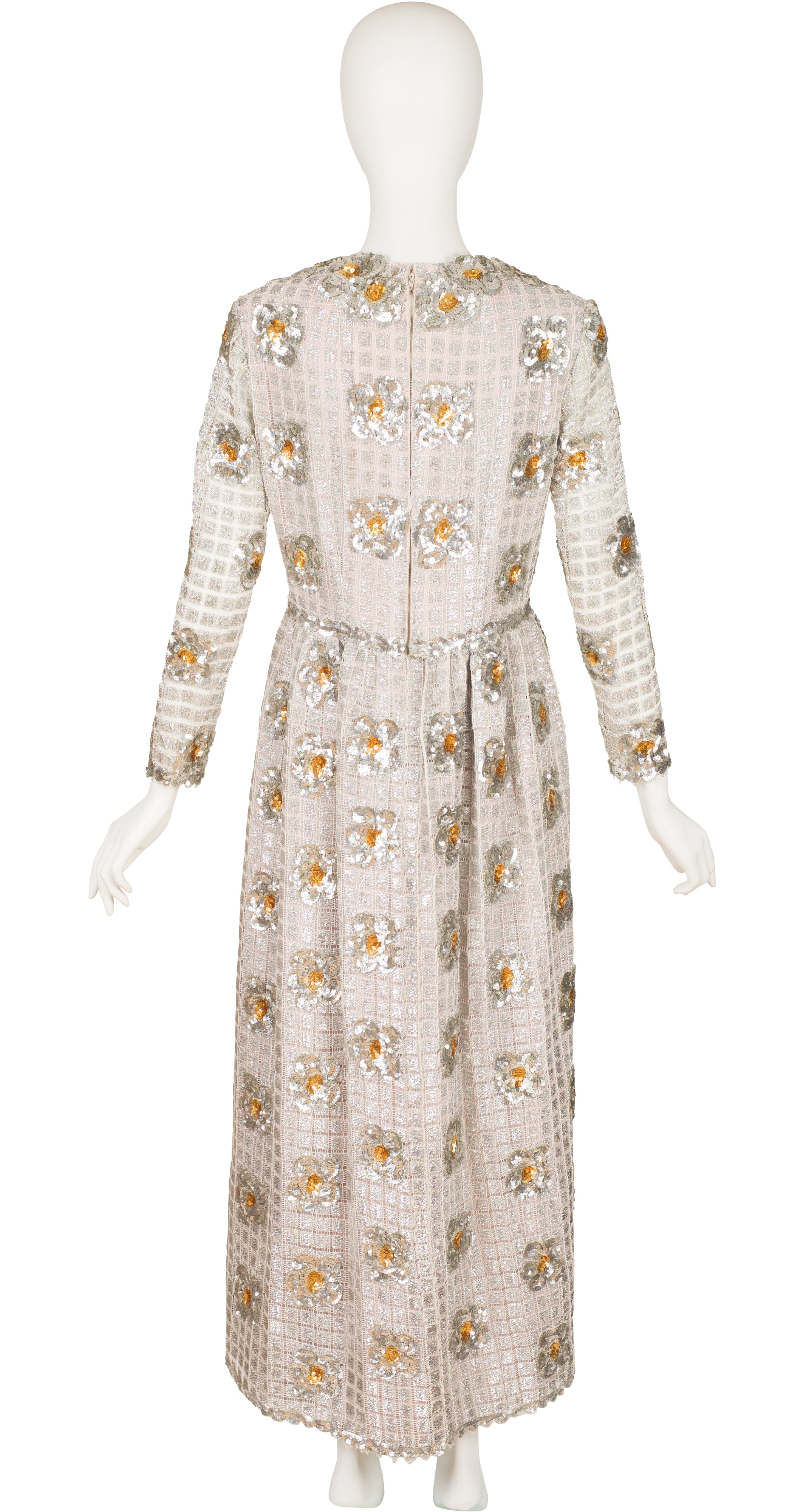 1960s Floral Sequin Silver Lurex Evening Gown