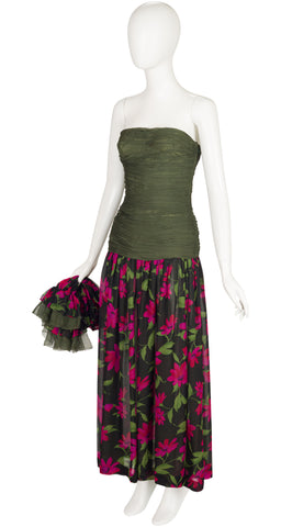 1980s Floral Silk Chiffon Detachable Sleeve Evening Dress