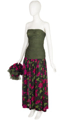 1980s Floral Silk Chiffon Detachable Sleeve Evening Dress