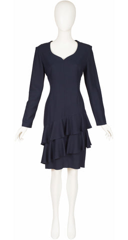 1990s Navy Crepe Tiered Ruffle Long Sleeve Dress