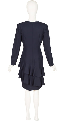 1990s Navy Crepe Tiered Ruffle Long Sleeve Dress