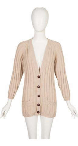 1990s Beige Ribbed Cashmere Cardigan Sweater