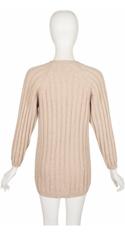 1990s Beige Ribbed Cashmere Cardigan Sweater