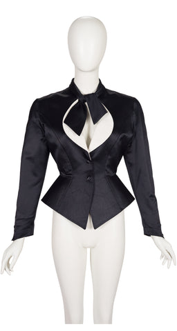 1990s Black Silk Satin Tie-Neck Tuxedo Jacket