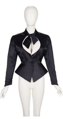 1990s Black Silk Satin Tie-Neck Tuxedo Jacket