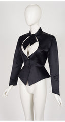 1990s Black Silk Satin Tie-Neck Tuxedo Jacket