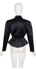 1990s Black Silk Satin Tie-Neck Tuxedo Jacket