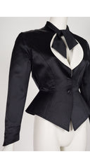 1990s Black Silk Satin Tie-Neck Tuxedo Jacket