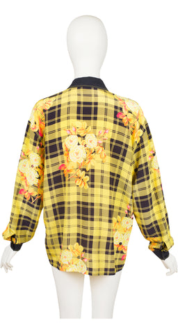 1990s Floral Yellow Plaid Silk Collared Blouse